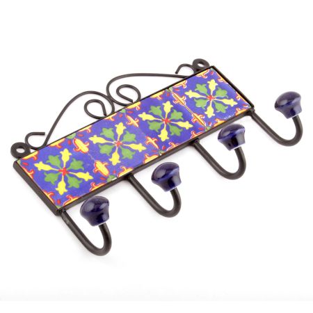 Navy Blue And Green Floral Ceramic Tiles Hooks